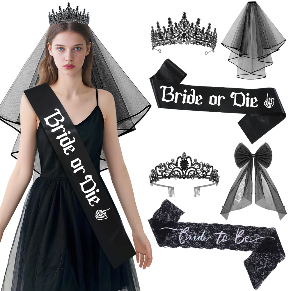 Bride Tribe Sash - 3pcs Aksesoris Pesta Lajang Hitam Gaya